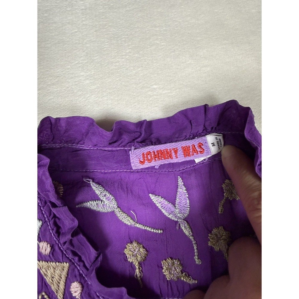 Johnny Was Brielle Blouse M Purple Floral Embroidered Rayon Boho Button Top - Picture 5 of 11